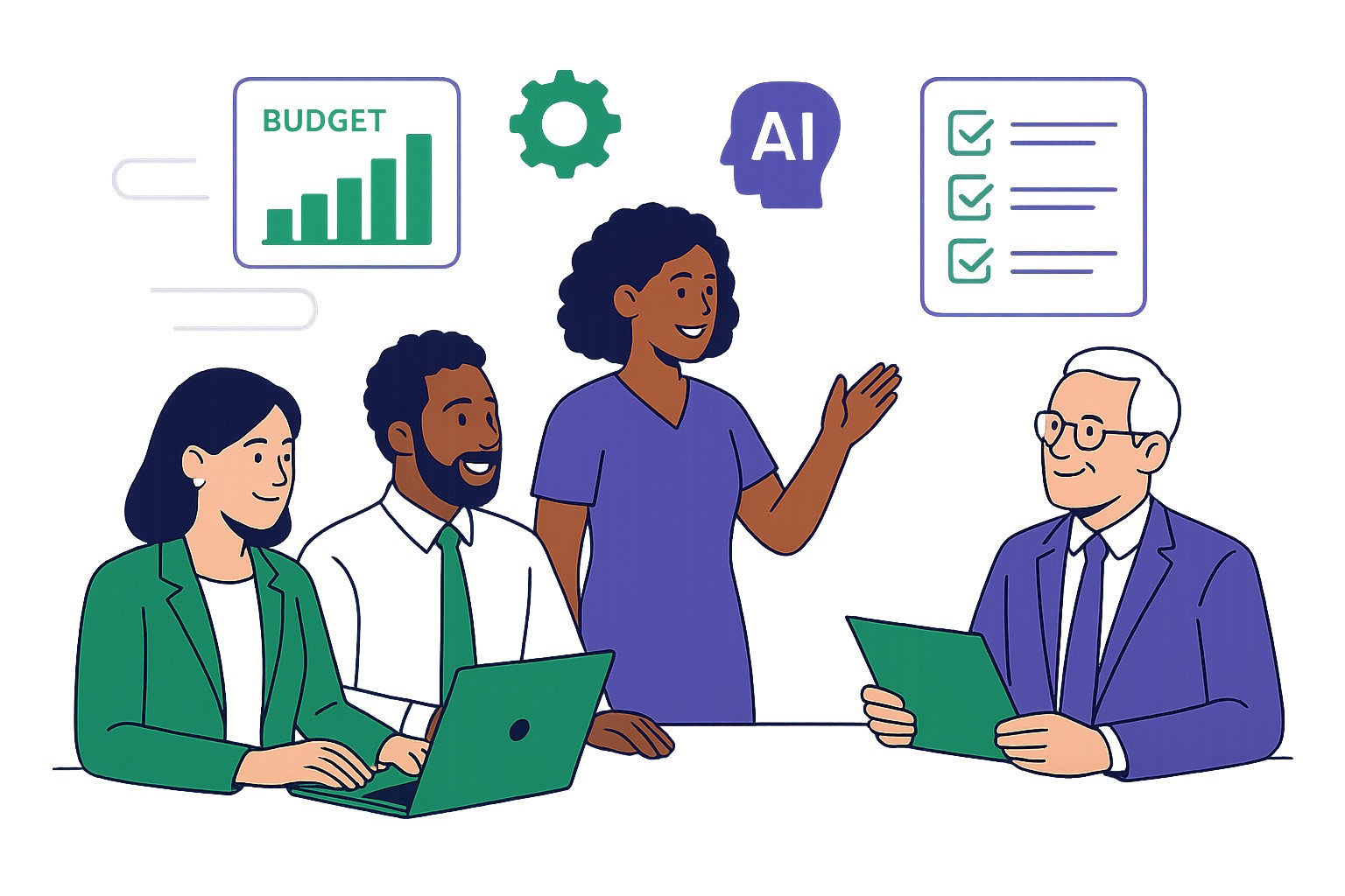 School administrators using Flowlyst's AI training and budgeting software dashboard